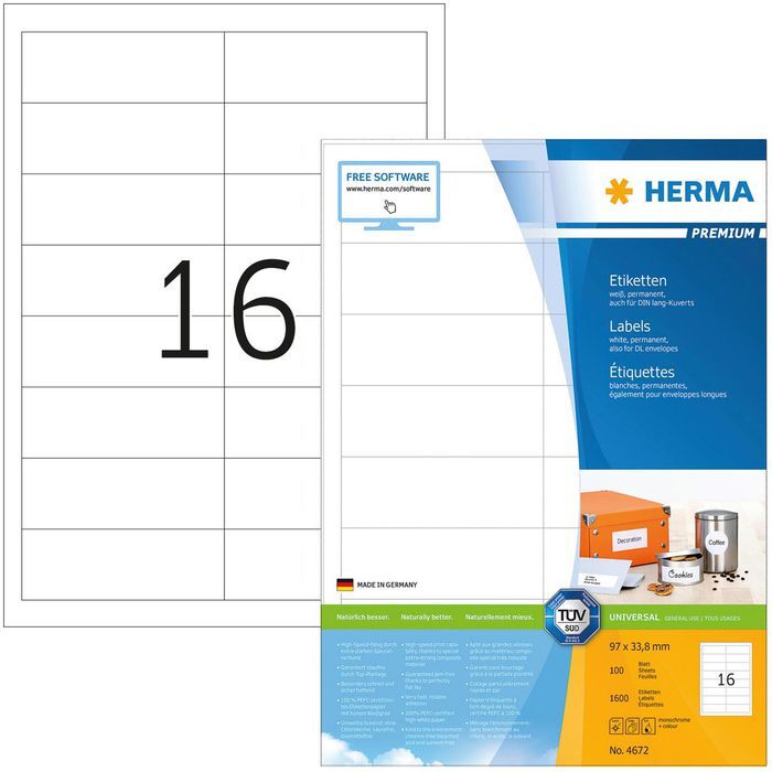 Herma Universaletiketten 4672 Premium, weiß, 97 x 33,8mm, 100 Blatt, 1600 Stück